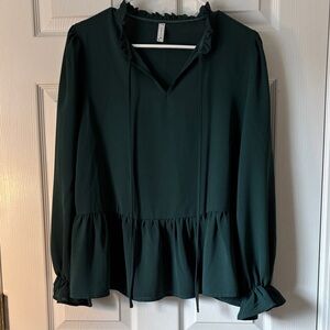 Elegant Dark Green Ruffle Long Sleeve Women's Top— Fashion Collection, Size M